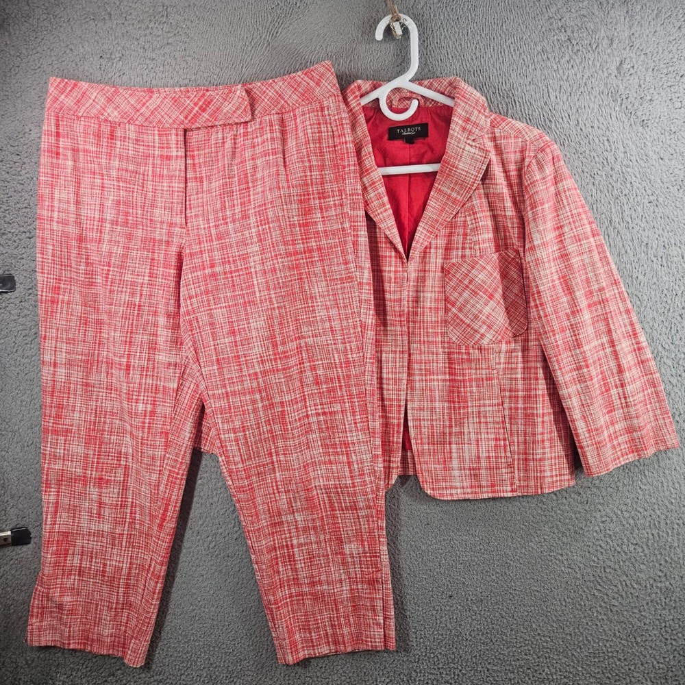 Talbots Womens Red White Crosshatch Blazer & Cropped Pant Suit Set Size 12